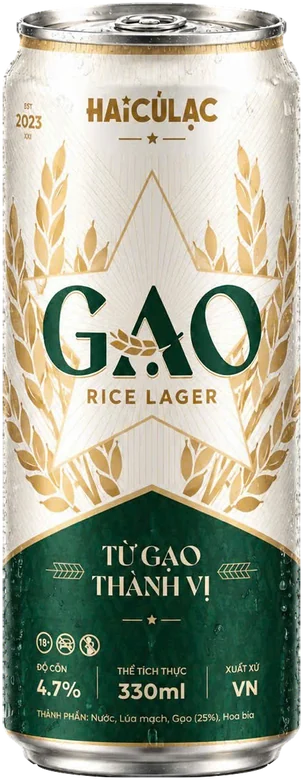 Lon bia GẠO Rice Lager 330 ml, chữ GẠO trên nền xanh lục và vàng đồng