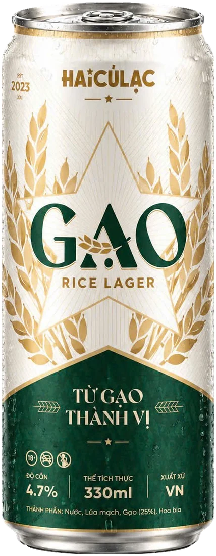 Canette de bière GẠO Rice Lager, 330 ml, le mot GẠO sur fond vert et or cuivré