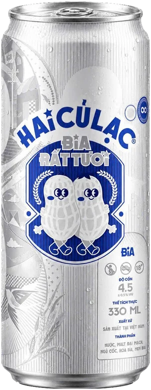 Lon Bia Rất Tươi 330 ml bằng nhôm bạc, nhãn Hai Củ Lạc màu xanh