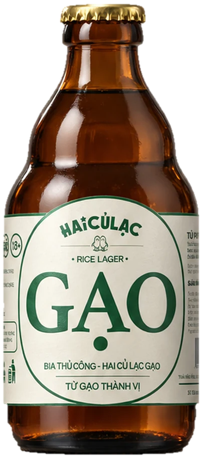 Bouteille craft GẠO de 330 ml, verre brun, capsule dorée, étiquette sur fond crème, le mot GẠO en très grandes lettres vertes