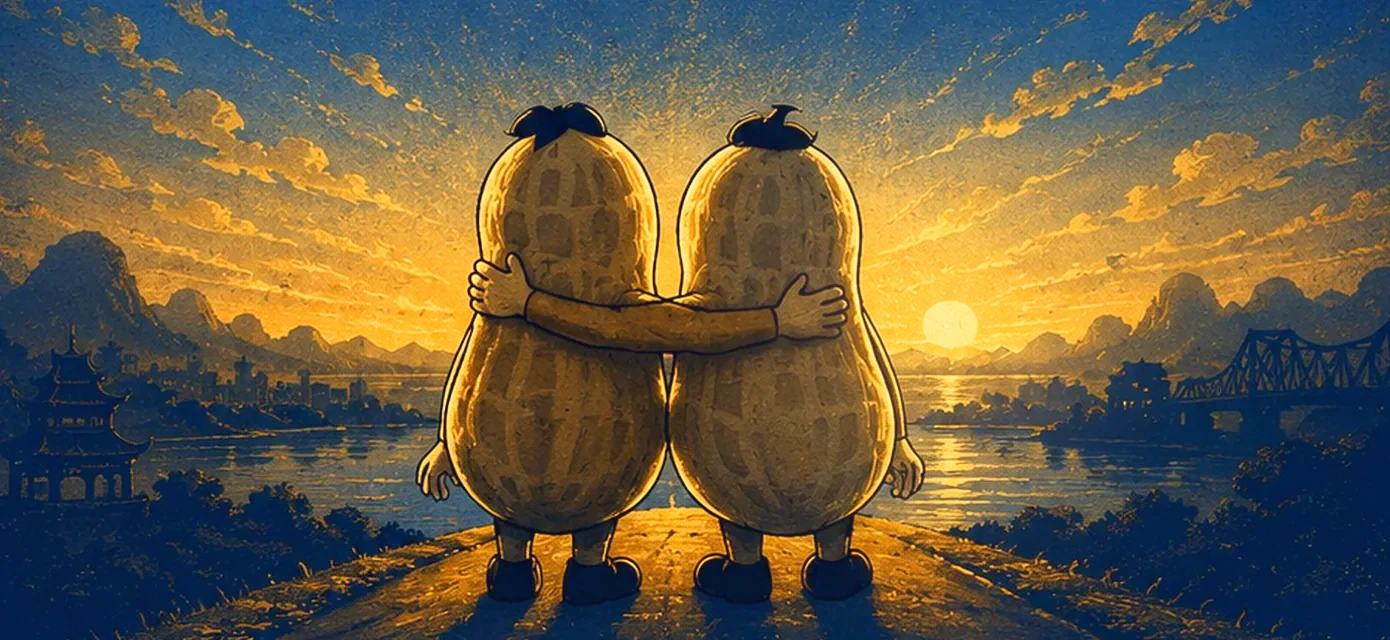 Dos maníes abrazados por los hombros contemplan el río al atardecer