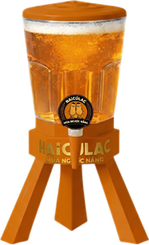 Bierturm für Mùa Ngược Nắng vom Fass, orange, mit drei Beinen und Zapfhahn vorn