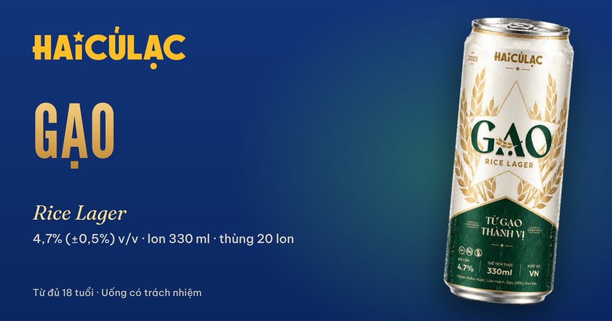 Lon GẠO Rice Lager 330 ml của Hai Củ Lạc, nhãn xanh lá mạ và vàng, nền xanh đậm